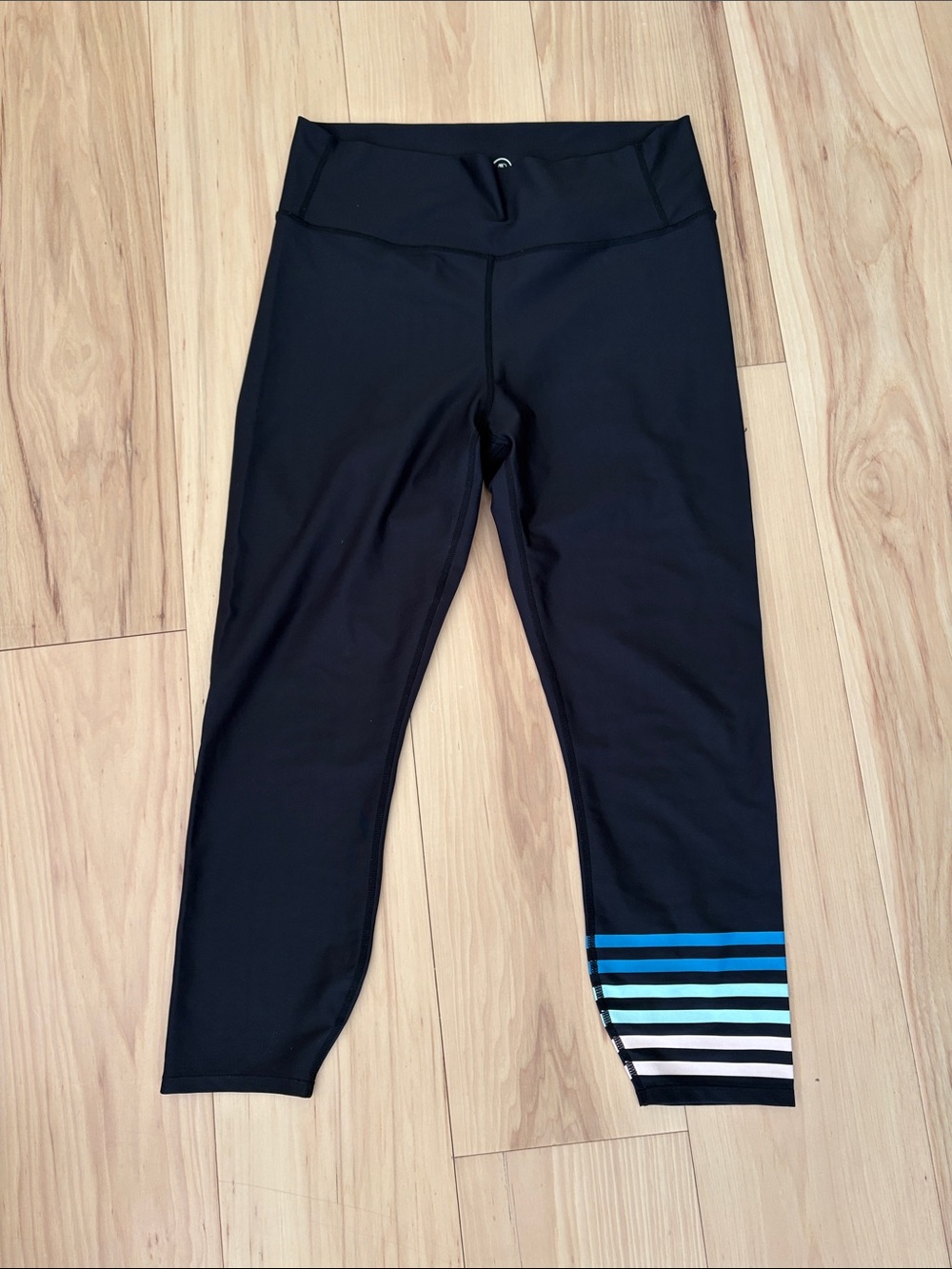 Addison Bay Black Ankle Leggings with Blue & Teal Striped Hem